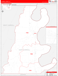 E. CarrollParish (County), LA Wall Map Zip Code Red Line Style 2024
